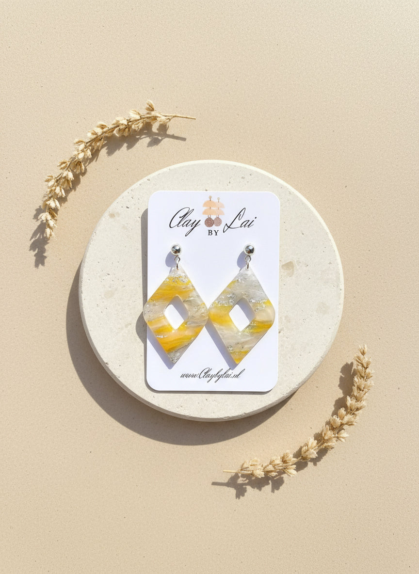 geel en zilver marmer oorbel voor vrouwen, unieke oorbel.