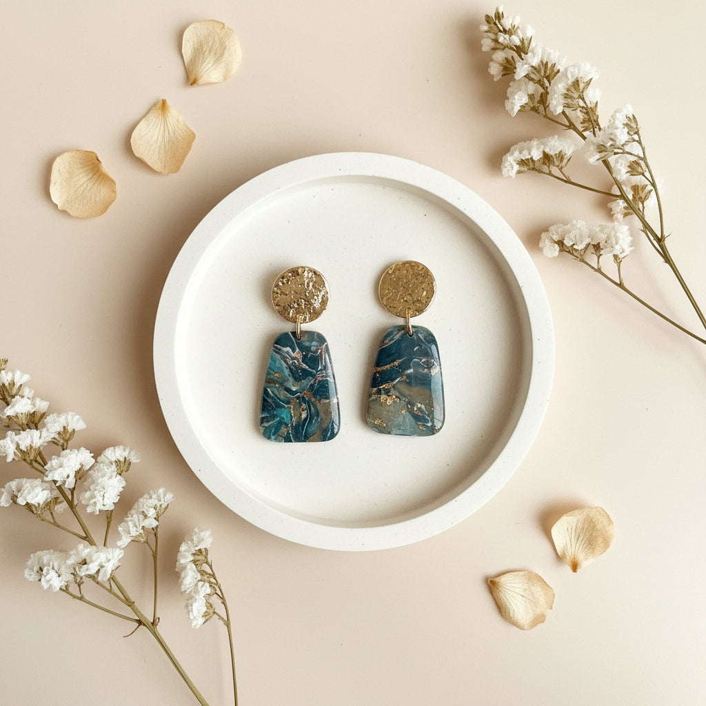 blauw tinten marmeren oorhangers gemaakt van polymeerklei met gouden accenten.